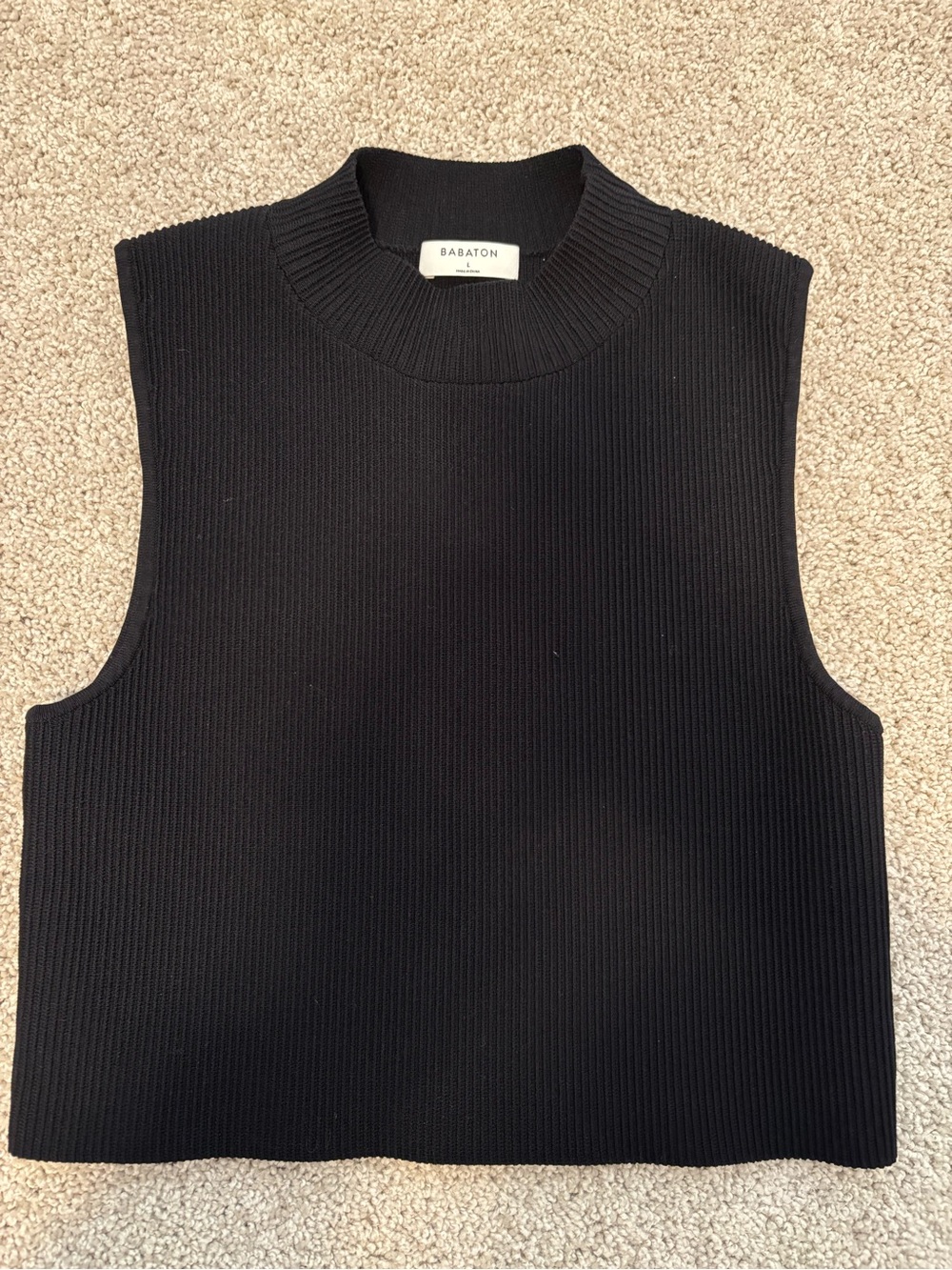 Babaton Black Ribbed Knit Crewneck Sleeveless Sweater Vest